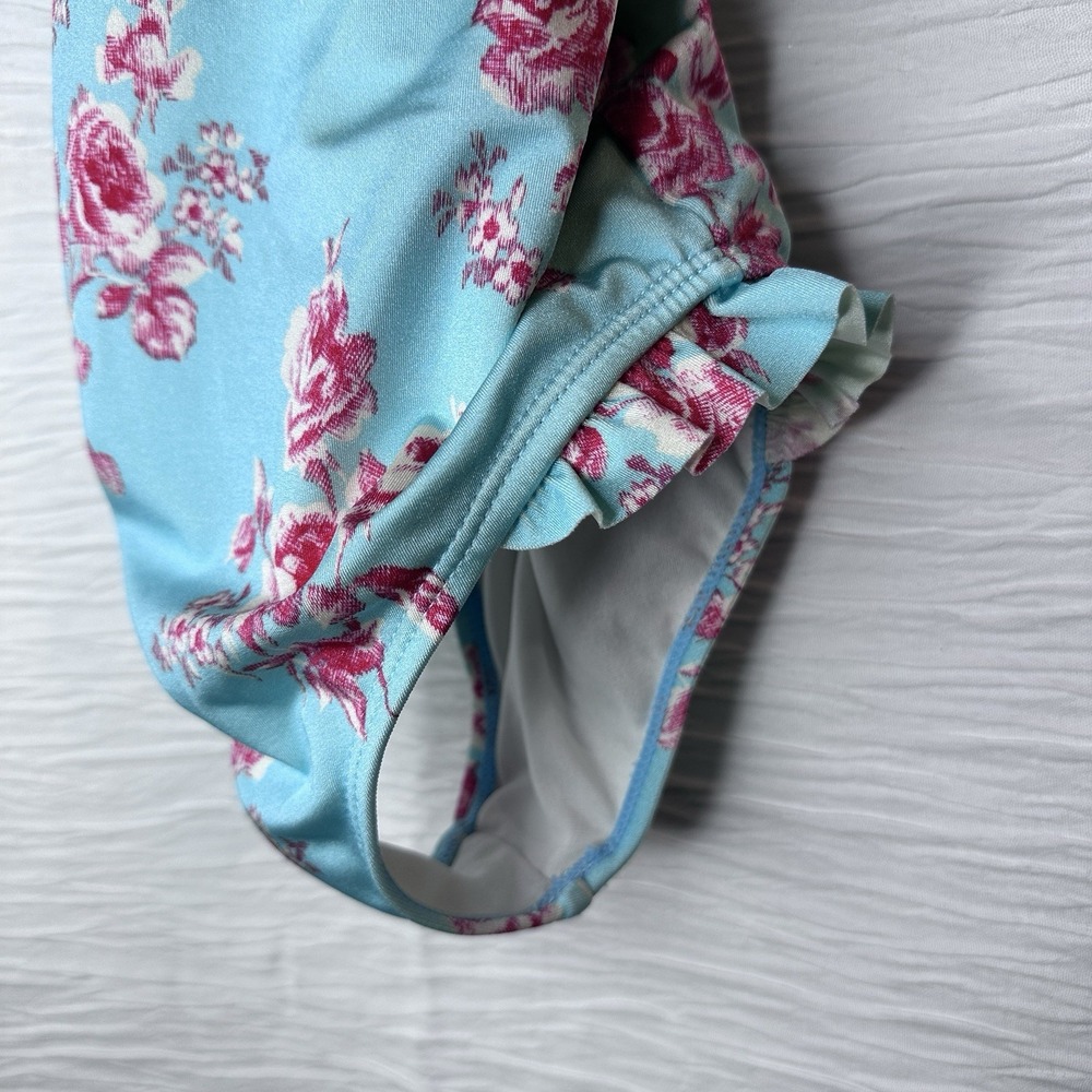 Janie and Jack Pink Floral Blue Ruffle Swimsuit One Piece Girl's Size 6 - Picture 7 of 9